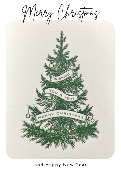 carte de voeux vintage banderole joyeux noel et bonne année sur sapin vert 