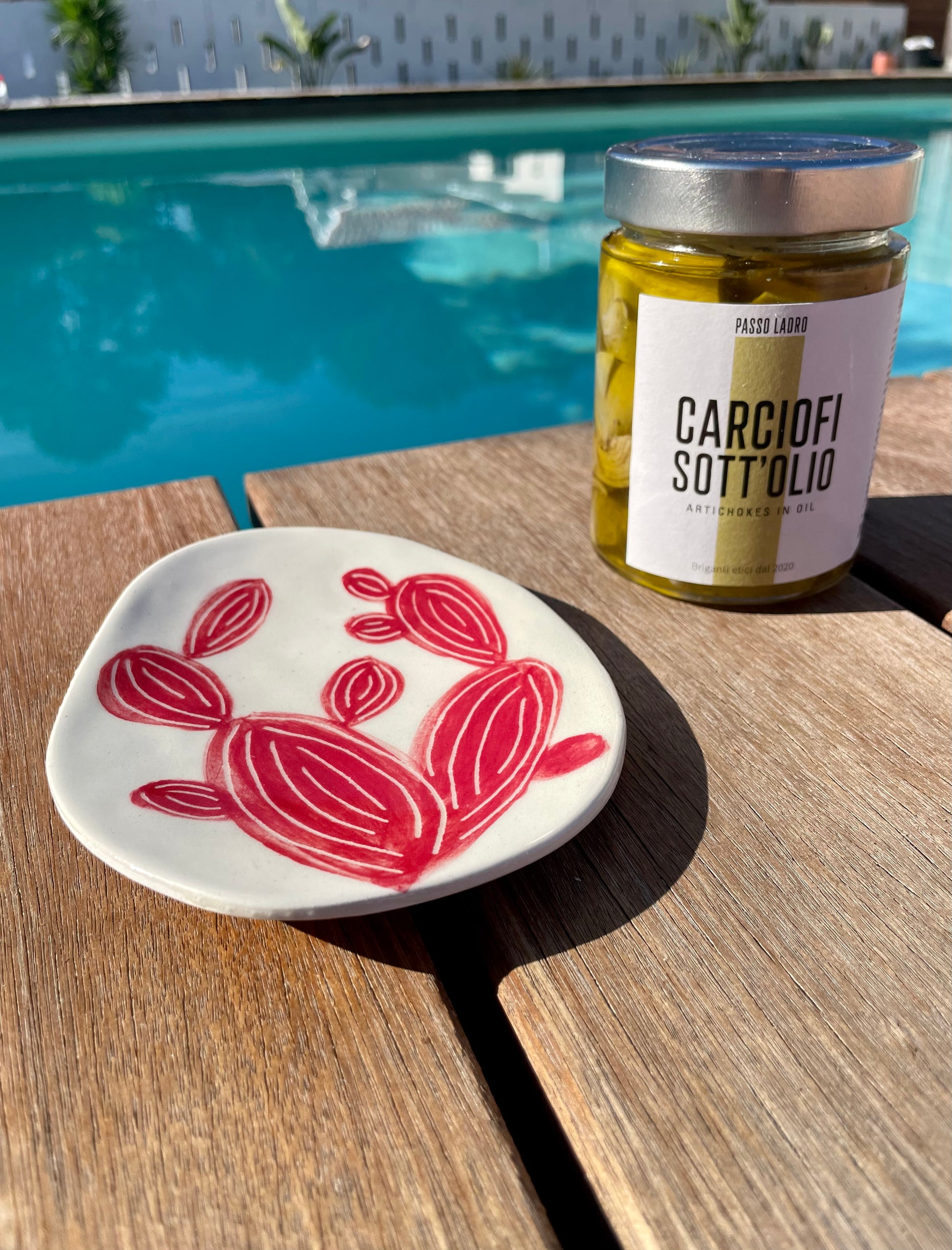 coupelle artisanale en céramique, cactus rouge sur fond blanc,artichauts huile d'olive, vue sur la piscine