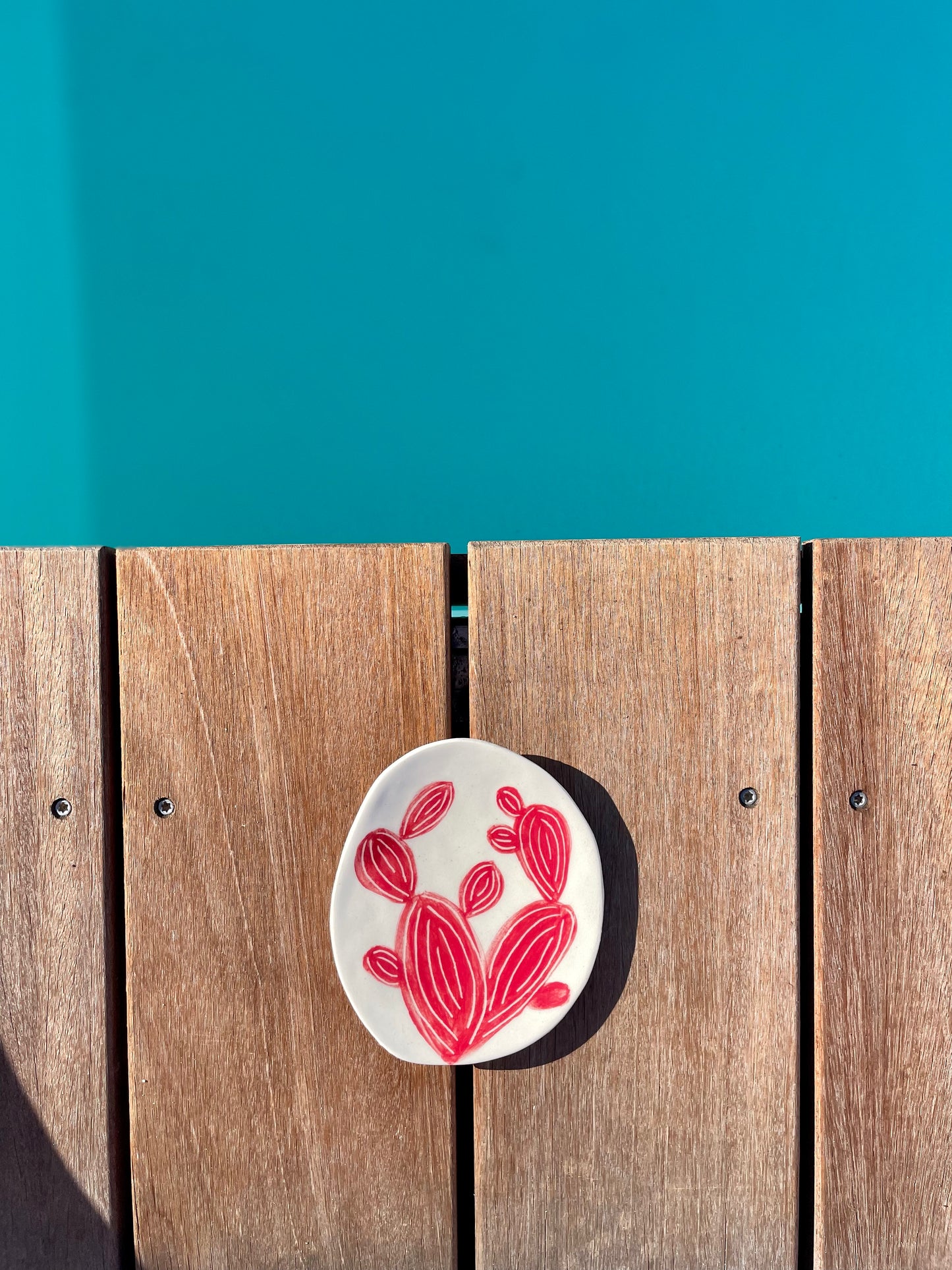 coupelle artisanale en céramique, cactus rouge sur fond blanc, posé sur une terrasse en bois, vue sur la piscine