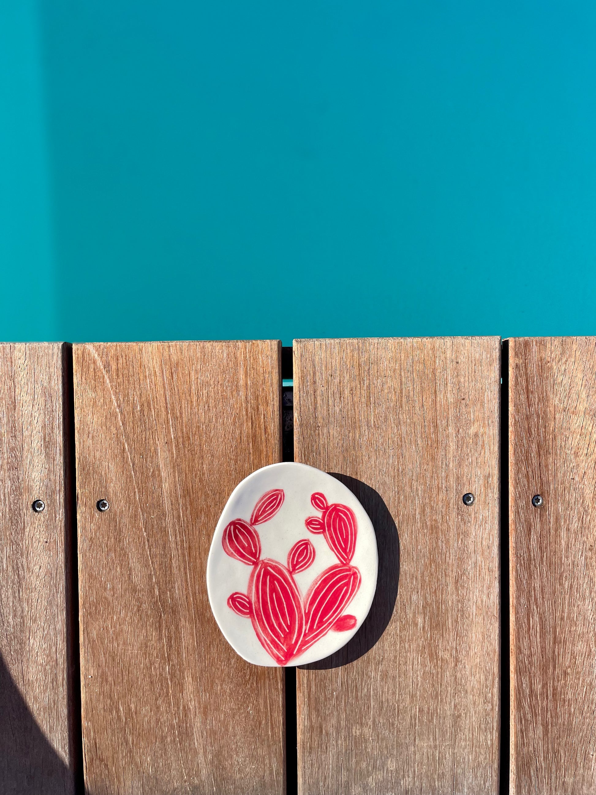 coupelle artisanale en céramique, cactus rouge sur fond blanc, posé sur une terrasse en bois, vue sur la piscine