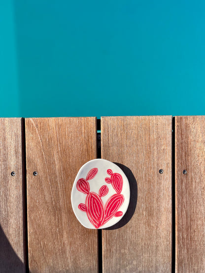 coupelle artisanale en céramique, cactus rouge sur fond blanc, posé sur une terrasse en bois, vue sur la piscine