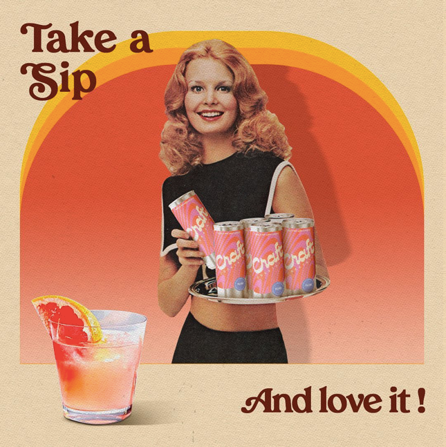 femme années 70 portant un plateau argenté avec canettes de paloma, fond de couleur orangé dégradé jaune, verre de paloma avec quartier de pamplemousse. texte "take a sip and love it"